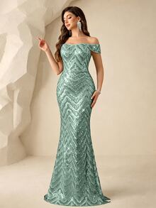 Coutiva Sequin Off-Shoulder Slit Mermaid Elegant Evening Gown - Mint Green - View 6