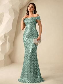 Coutiva Sequin Off-Shoulder Slit Mermaid Elegant Evening Gown - Mint Green - View 8