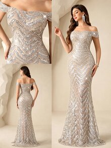 Coutiva Sequin Off-Shoulder Slit Elegant Formal Evening Gown Wedding Evening Gala Dinner Evening Gold Summer - Silver - View 1