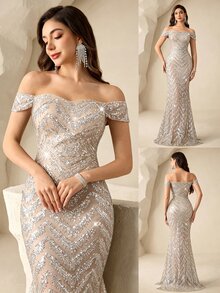 Coutiva Sequin Off-Shoulder Slit Elegant Formal Evening Gown Wedding Evening Gala Dinner Evening Gold Summer - Silver - View 3