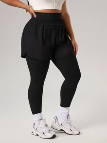 Rhythm Era Plus Size Women Solid Color Casual Pockets Versatile Daily Sports Leggings - Black - View 5