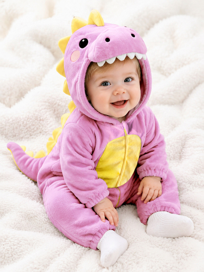 SHEIN Newborn Cute Funny Crystal Plush 3D Dinosaur Shaped Romper With Long Sleeve And Pants