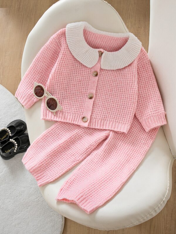 SHEIN Baby Girl Pink Oversized Collar Knit Set, Cute Button Cardigan + Flare Pants 2 Pieces Set, Soft Skin-Friendly Casual Sweater Outfit For Outings