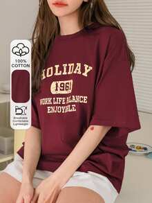 DAZY Letter Graphic Drop Shoulder Tee Summer Oversized T-Shirt Cute Tops - Burgundy - View 2