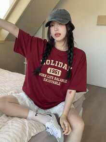 DAZY Letter Graphic Drop Shoulder Tee Summer Oversized T-Shirt Cute Tops - Burgundy - View 6