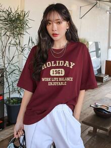 DAZY Letter Graphic Drop Shoulder Tee Summer Oversized T-Shirt Cute Tops - Burgundy - View 12