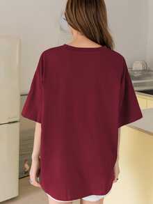 DAZY Letter Graphic Drop Shoulder Tee Summer Oversized T-Shirt Cute Tops - Burgundy - View 4