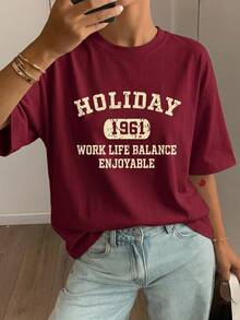 DAZY Letter Graphic Drop Shoulder Tee Summer Oversized T-Shirt Cute Tops - Burgundy - View 7