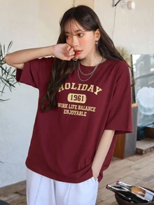 DAZY Letter Graphic Drop Shoulder Tee Summer Oversized T-Shirt Cute Tops - Burgundy - View 11