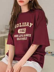 DAZY Letter Graphic Drop Shoulder Tee Summer Oversized T-Shirt Cute Tops - Burgundy - View 5