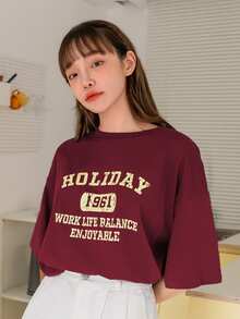DAZY Letter Graphic Drop Shoulder Tee Summer Oversized T-Shirt Cute Tops - Burgundy - View 8