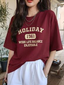 DAZY Letter Graphic Drop Shoulder Tee Summer Oversized T-Shirt Cute Tops - Burgundy - View 9
