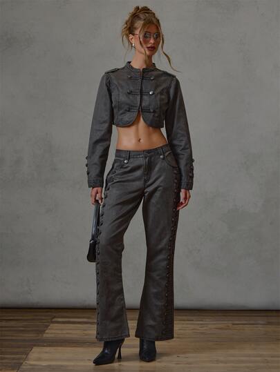 MUSERA Áo khoác denim dáng lửng ôm sát màu đen chi tiết cài phong cách quân đội, thường ngày casual cho mùa thu đông, đi học