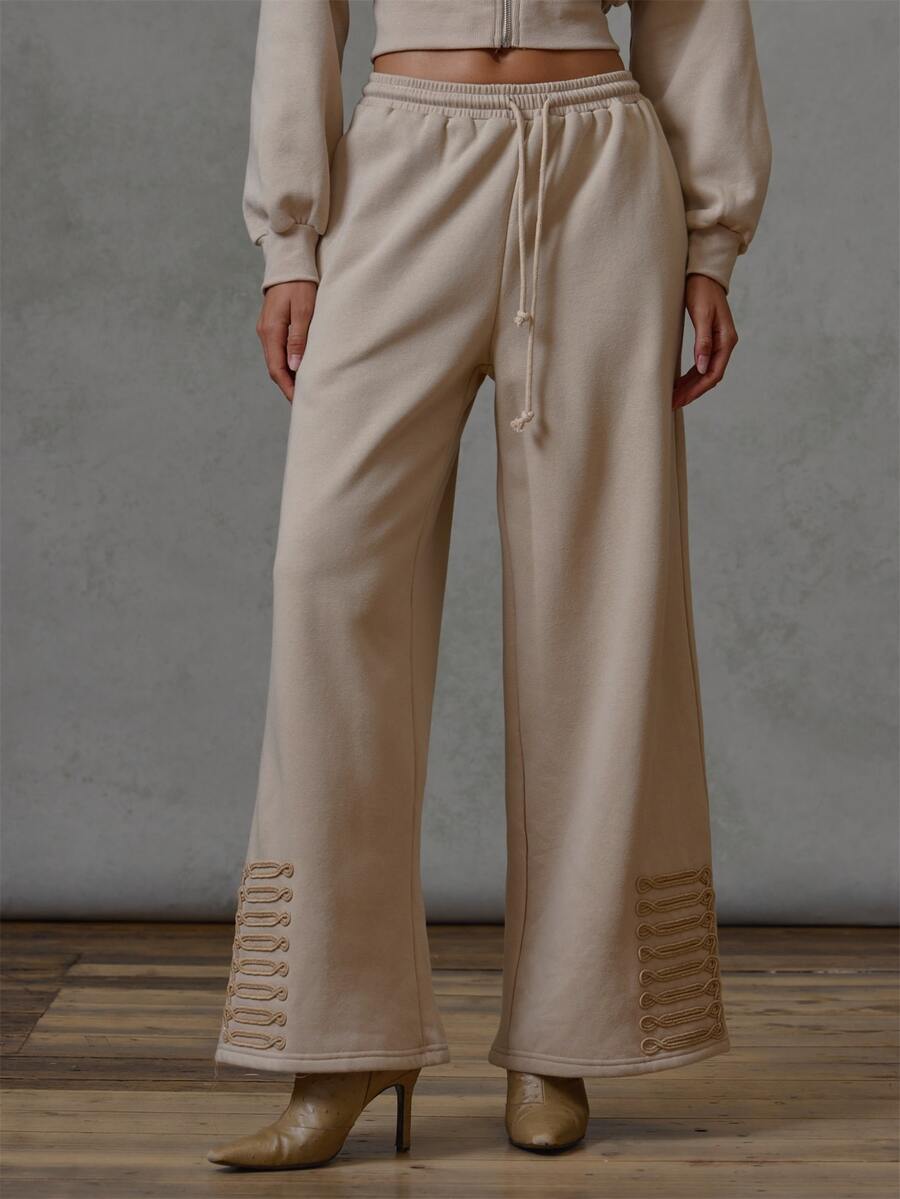 MUSERA Beige Military Detail Baggy Sweatpants Only Fall Winter Everyday Causal Back To School Forces - Khaki - View 1