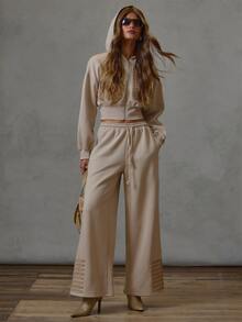 MUSERA Beige Military Detail Baggy Sweatpants Only Fall Winter Everyday Causal Back To School Forces - Khaki - View 1