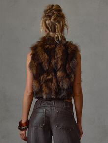 MUSERA Brown Fur Sleeveless High Neck Bolero Fall Winter Everyday Causal Back To School Forces - Coffee Brown - View 5
