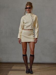 MUSERA Textured Faux Leather Asymmetric Button Up Funnel Neck Jacket Fall Winter Everyday Causal Going Out Cool Girl Festival Forces - Cream - View 4