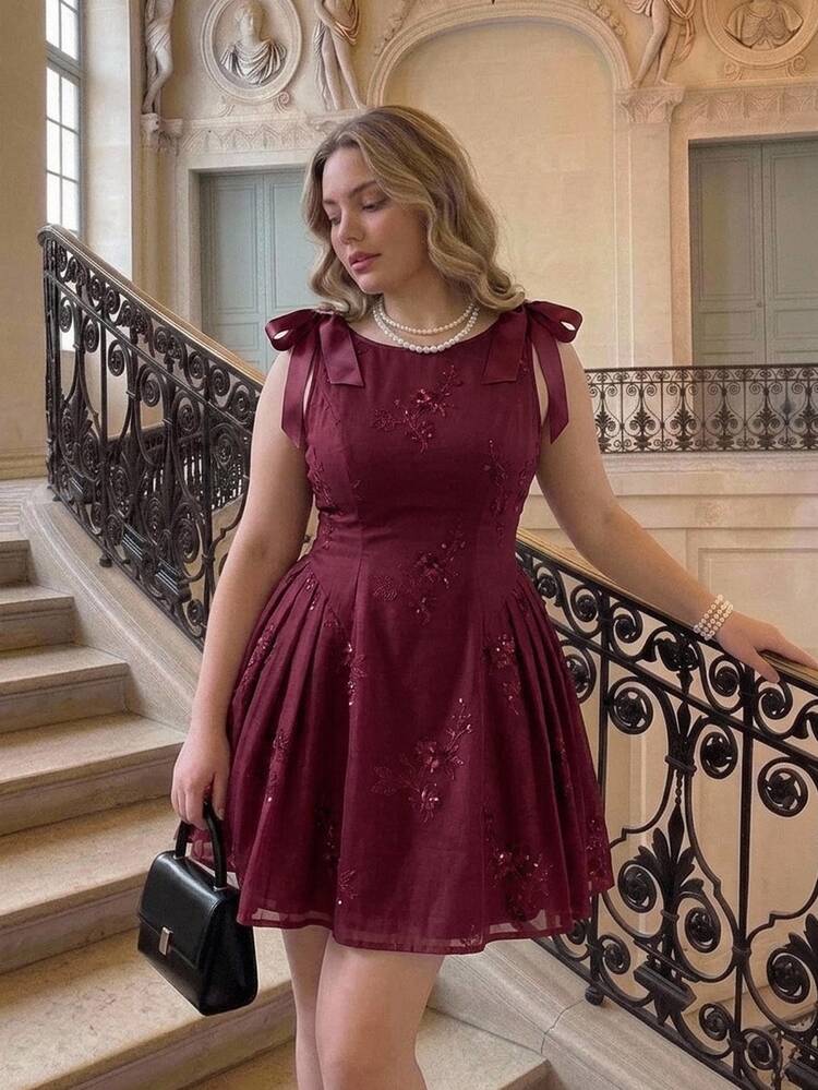 SHEIN MOD Plus Size Burgundy Vintage Party Short Dress, Daily Date Outfit, Early Autumn Wear, Embroidered Sequin Design Dress - Burgundy - View 12