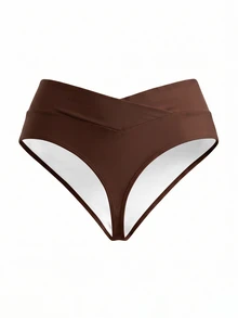 SHEIN Swim 大尺碼女款夏季海灘純色不對稱腰部比基尼泳褲 - 咖啡棕 - 查看 4