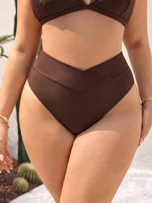 SHEIN Swim 大尺碼女款夏季海灘純色不對稱腰部比基尼泳褲 - 咖啡棕 - 查看 3