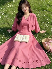 Modelyn Women's Retro Pink Hollow Out Embroidered Long Sleeve Cardigan Jacket & Sleeveless A-Line Dress Two Pieces Set, Waist Cinching, Elegant - Pink - View 5