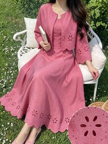 Modelyn Women's Retro Pink Hollow Out Embroidered Long Sleeve Cardigan Jacket & Sleeveless A-Line Dress Two Pieces Set, Waist Cinching, Elegant - Pink - View 2