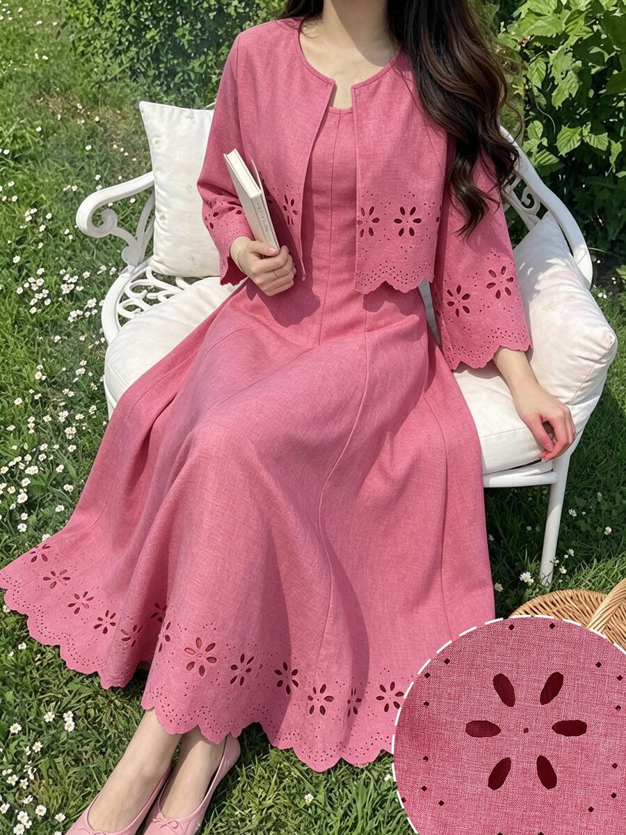 Modelyn Women's Retro Pink Hollow Out Embroidered Long Sleeve Cardigan Jacket & Sleeveless A-Line Dress Two Pieces Set, Waist Cinching, Elegant