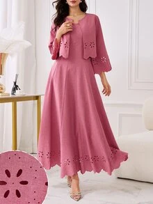 Modelyn Women's Retro Pink Hollow Out Embroidered Long Sleeve Cardigan Jacket & Sleeveless A-Line Dress Two Pieces Set, Waist Cinching, Elegant - Pink - View 6