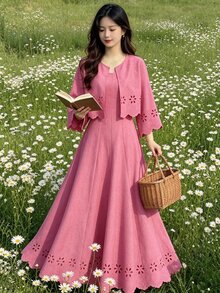 Modelyn Women's Retro Pink Hollow Out Embroidered Long Sleeve Cardigan Jacket & Sleeveless A-Line Dress Two Pieces Set, Waist Cinching, Elegant - Pink - View 9