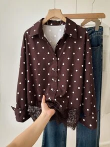 Muvela 女款蕾絲拼接波點休閒日常穿著襯衫 - 咖啡棕 - 查看 5