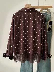 Muvela 女款蕾絲拼接波點休閒日常穿著襯衫 - 咖啡棕 - 查看 2