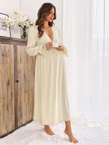 Slowluna Maternity Solid Color Contrast Lace Waist Tie Elegant Dress Fall - Apricot - View 5