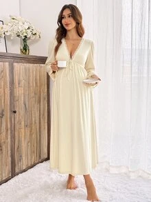Slowluna Maternity Solid Color Contrast Lace Waist Tie Elegant Dress Fall - Apricot - View 1