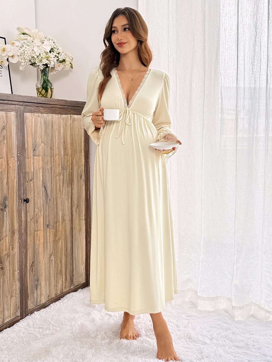 Slowluna Maternity Solid Color Contrast Lace Waist Tie Elegant Dress Fall - Apricot - View 1