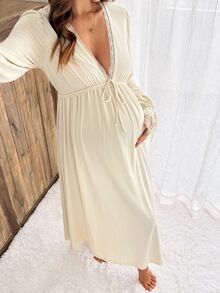 Slowluna Maternity Solid Color Contrast Lace Waist Tie Elegant Dress Fall - Apricot - View 7