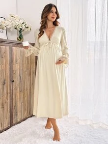 Slowluna Maternity Solid Color Contrast Lace Waist Tie Elegant Dress Fall - Apricot - View 4