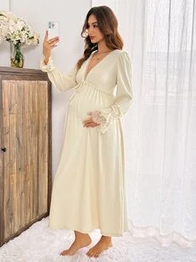 Slowluna Maternity Solid Color Contrast Lace Waist Tie Elegant Dress Fall - Apricot - View 3