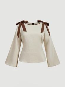 SHEIN MOD Plus Size Elegant Tie-Front Bell Sleeve Blouse, Autumn - Apricot - View 2