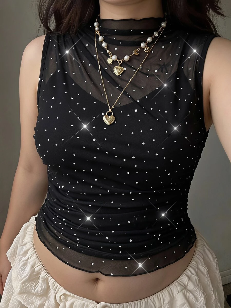 SHEIN MOD 大尺碼黑色網紗無袖亮片上衣/T恤,適合秋冬穿著,日常穿搭百搭 - 黑色 - 查看 1
