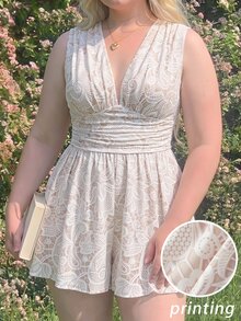 SHEIN MOD Plus Size Women's Ruched Waist Lace Print V-Neck Sleeveless Romper - Apricot - View 7