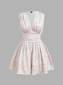 SHEIN MOD Plus Size Women's Ruched Waist Lace Print V-Neck Sleeveless Romper - Apricot - View 2