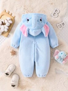 SHEIN Newborn Baby Cute Plush Elephant Ear And Nose Design Romper, Soft Long Sleeve Jumpsuit Fall Winter - Baby Blue - View 4