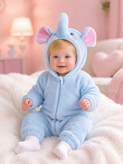 SHEIN Newborn Baby Cute Plush Elephant Ear And Nose Design Romper, Soft Long Sleeve Jumpsuit Fall Winter