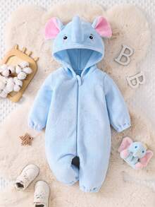 SHEIN Newborn Baby Cute Plush Elephant Ear And Nose Design Romper, Soft Long Sleeve Jumpsuit Fall Winter - Baby Blue - View 2