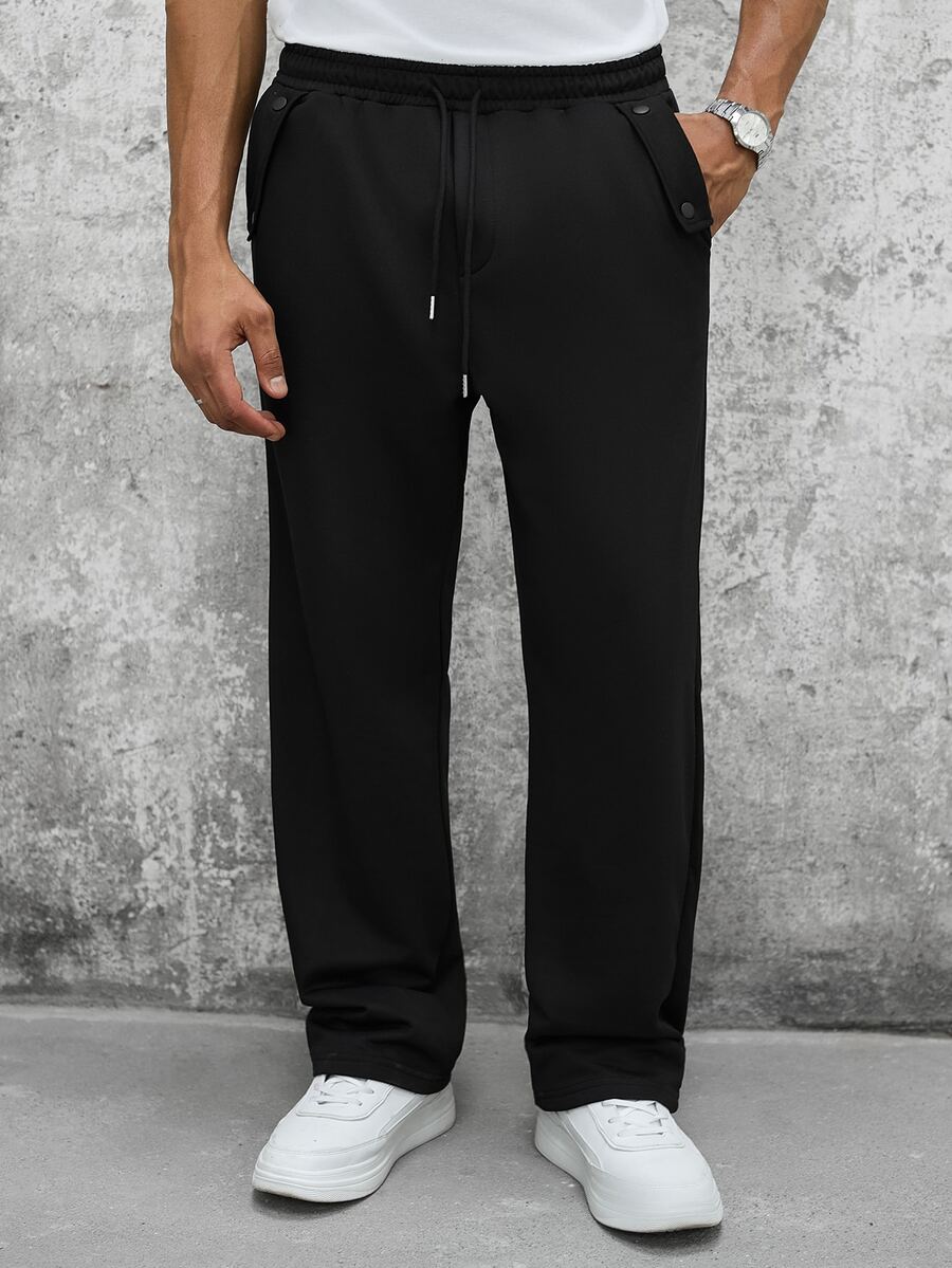 Manfinity CasualCool Men's Black Elastic Drawstring Side Double Buckle Decorative Design Solid Color Casual Sweatpants - Black - View 1