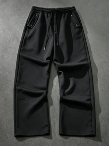 Manfinity CasualCool Men's Black Elastic Drawstring Side Double Buckle Decorative Design Solid Color Casual Sweatpants - Black - View 3