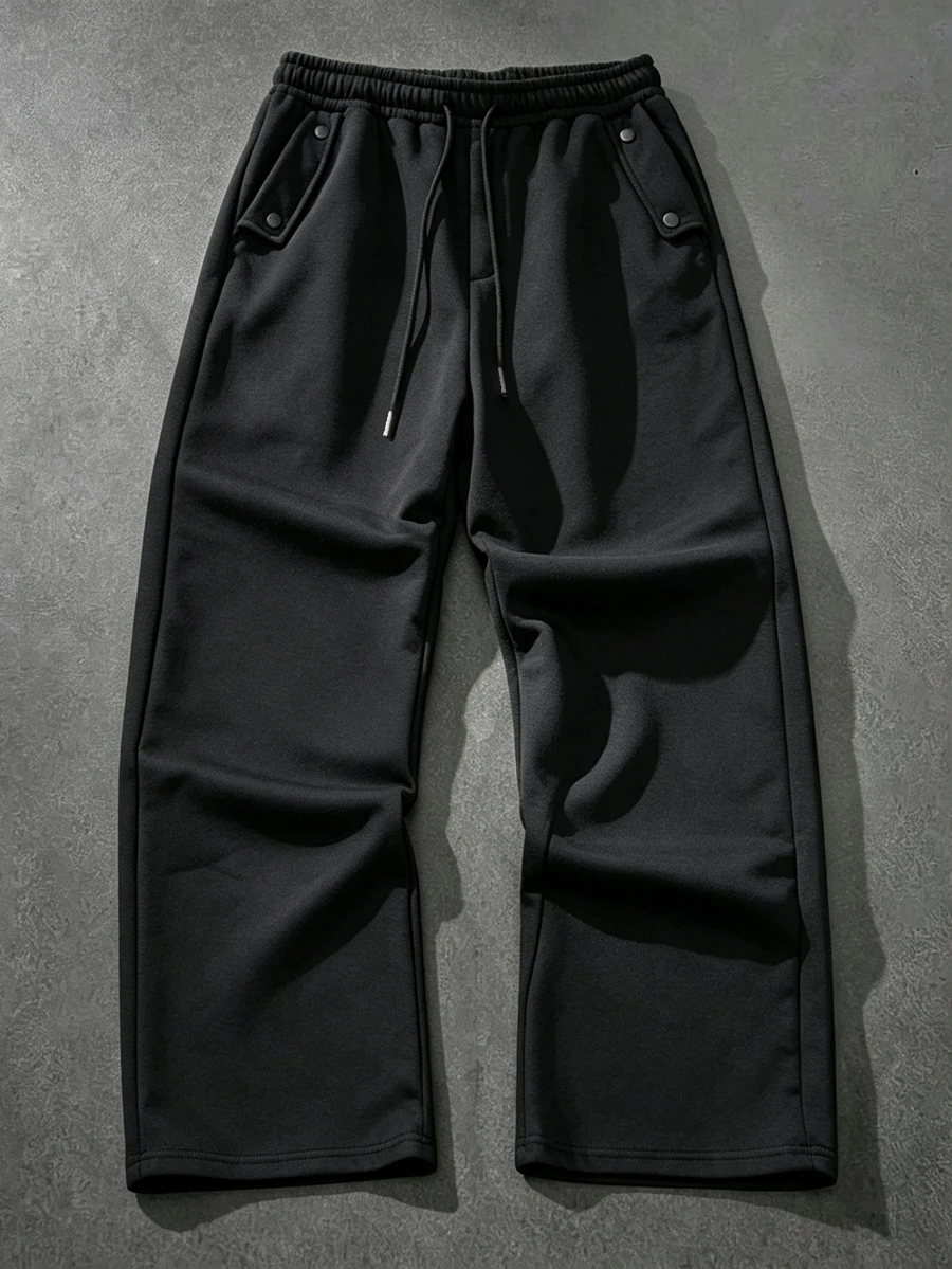 Manfinity CasualCool Men's Black Elastic Drawstring Side Double Buckle Decorative Design Solid Color Casual Sweatpants - Black - View 1