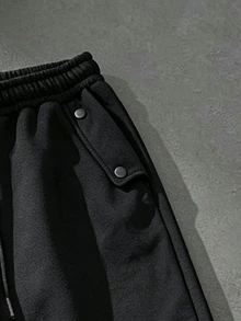 Manfinity CasualCool Men's Black Elastic Drawstring Side Double Buckle Decorative Design Solid Color Casual Sweatpants - Black - View 4