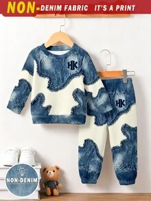(1set) Autumn/Winter Boys Fashion Creative Raw Edge Colorblock Blue & White Patchwork Basic Crew Neck Sweatshirt & Sweatpants Set - Multicolor - View 5