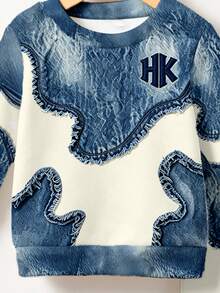 (1set) Autumn/Winter Boys Fashion Creative Raw Edge Colorblock Blue & White Patchwork Basic Crew Neck Sweatshirt & Sweatpants Set - Multicolor - View 6